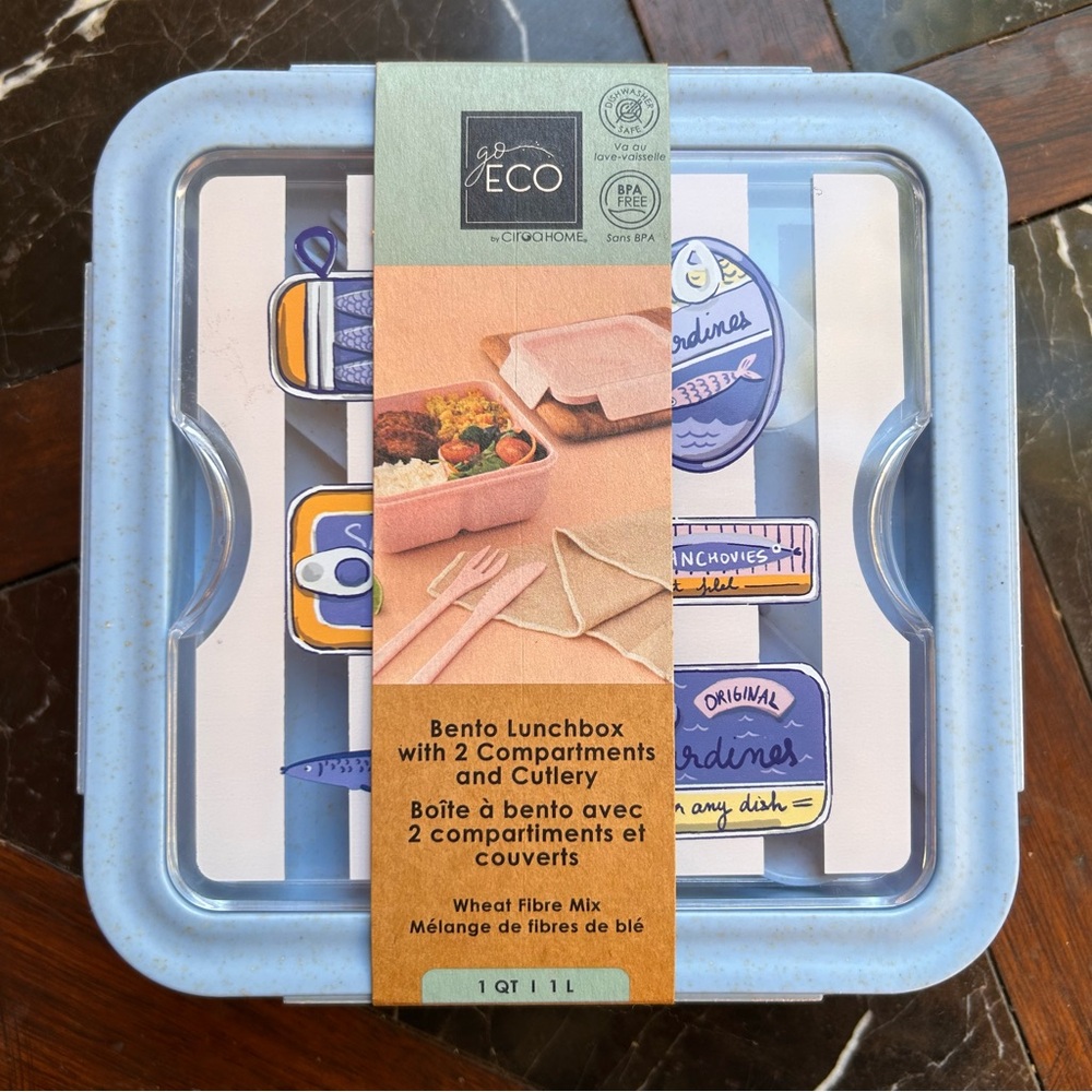 Bento Lunch Box 2 Compartments Cutlery By ECO Ciroa 1L 1Qt, 33.8 fl oz Blue